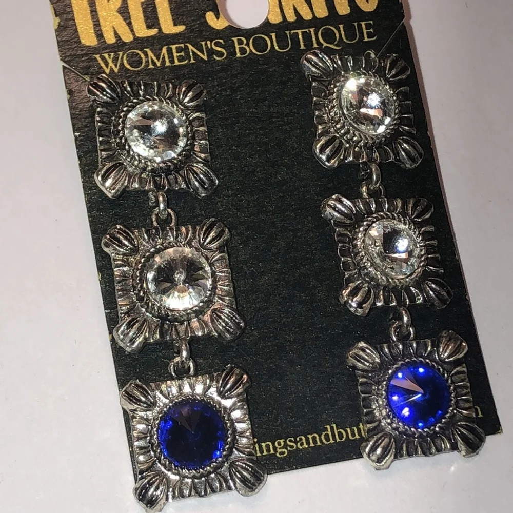 Free Spirit Silver Tone Boho Dangling Blue Clear CZ Rhinestones Earrings